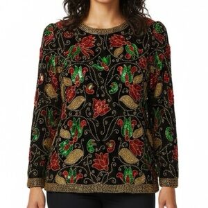 Vintage Joan Leslie Evenings 100% Silk Beaded & Sequins Blouse
